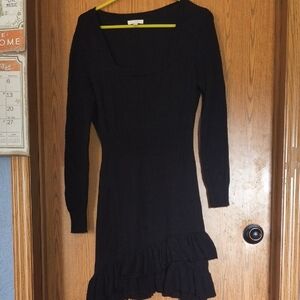 Chic Black Ruffle Hem Long Sleeve Sweater Dress